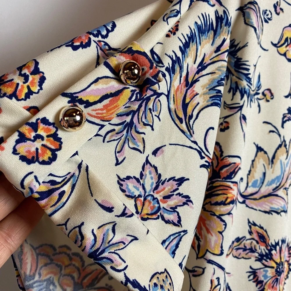Perception Concept Womenʻs Cream Floral Print Short Sleeve Blouse XL